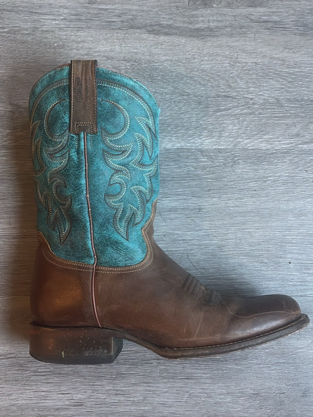 Roper Brown Leather Cowboy Boots with Teal Embroidered Shaft